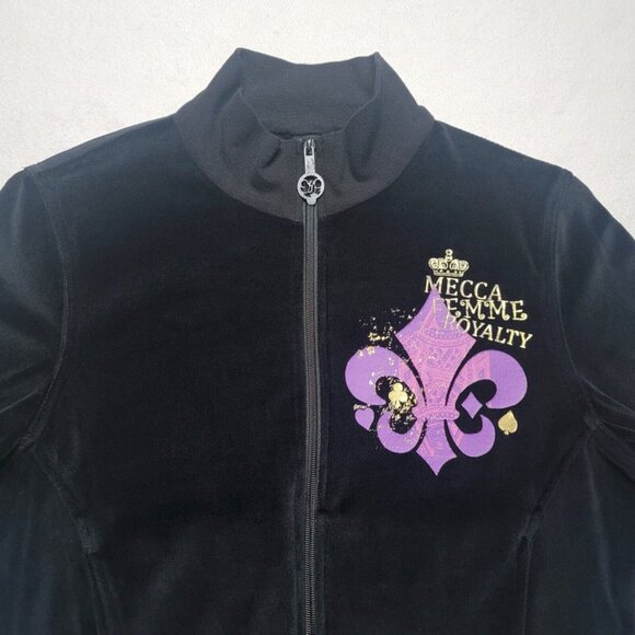 MECCA Femme Y2K Velour Jacket Women's XL Black Full Zip Fleur-de-lis Lightweight - Picture 2 of 9